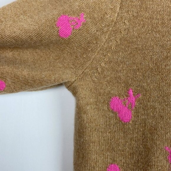 J.Crew S Cashmere Sweater Tan & Pink Cherries Intarsia Neon - Picture 8 of 13
